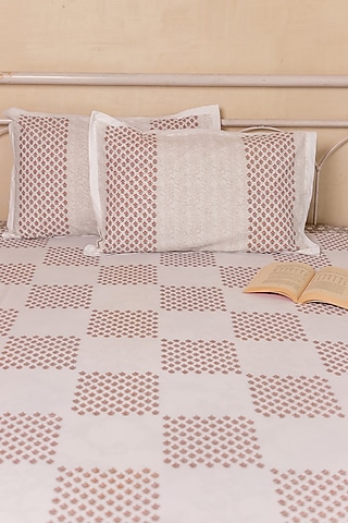 Hazelnut & Grey Cotton Magnolia Hand Block Printed Bedsheet Set  by ADYA