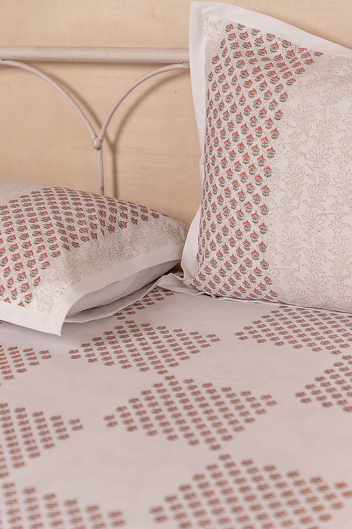 Hazelnut & Grey Cotton Magnolia Hand Block Printed Bedsheet Set by ADYA at Pernia's Pop Up Shop