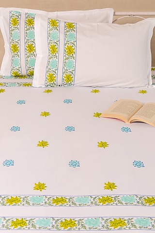 White Cotton Hibiscus Hand Block Printed Bedsheet Set by ADYA