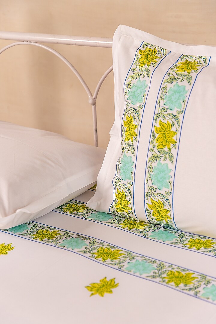 White Cotton Hibiscus Hand Block Printed Bedsheet Set by ADYA at Pernia's Pop Up Shop