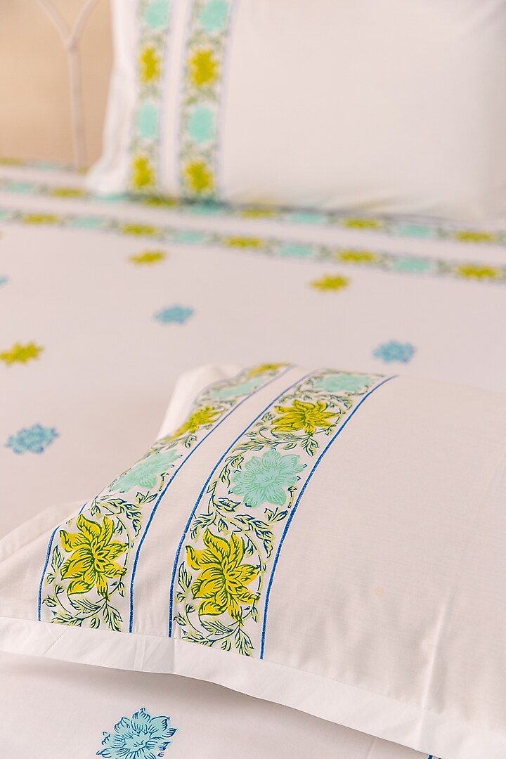 White Cotton Hibiscus Hand Block Printed Bedsheet Set by ADYA at Pernia's Pop Up Shop