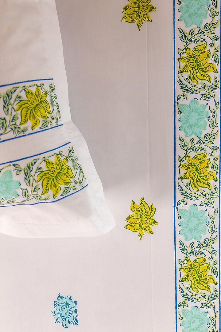 White Cotton Hibiscus Hand Block Printed Bedsheet Set by ADYA at Pernia's Pop Up Shop