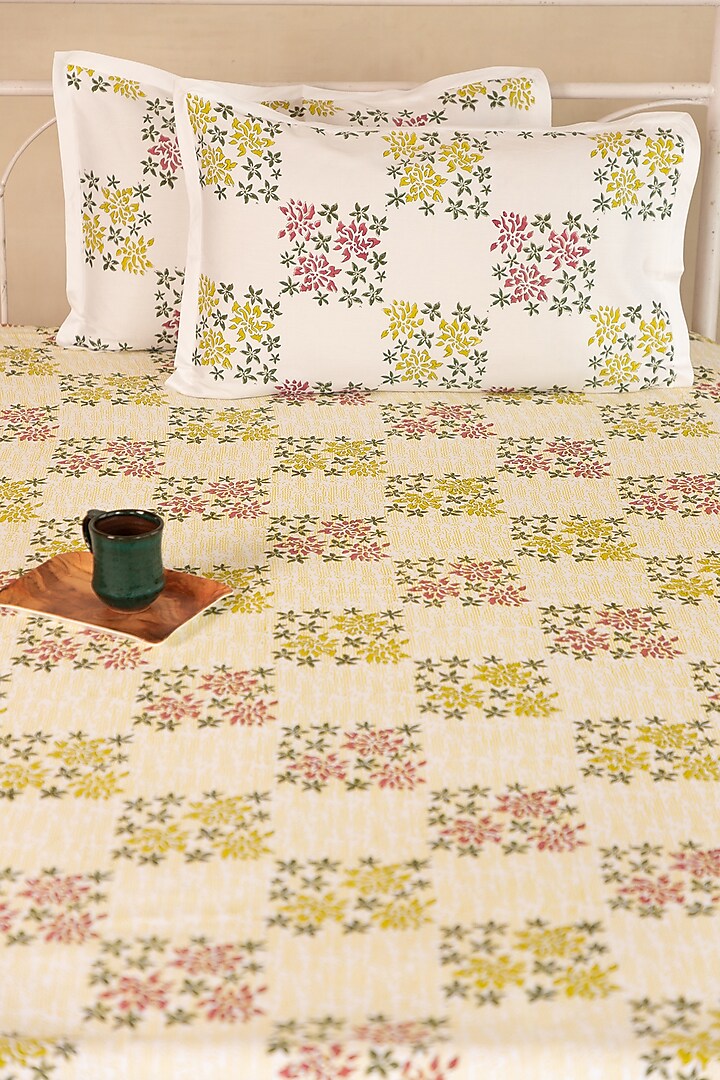 White Cotton Bougainvillea Hand Block Printed Bedsheet Set Of 3 by ADYA at Pernia's Pop Up Shop