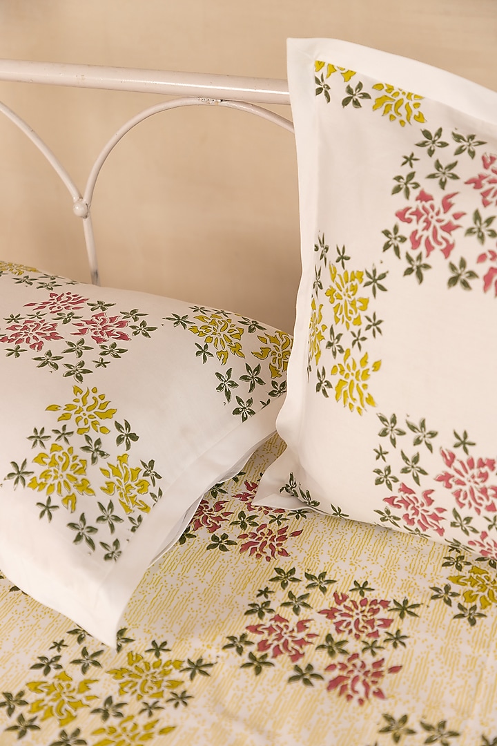 White Cotton Bougainvillea Hand Block Printed Bedsheet Set Of 3 by ADYA at Pernia's Pop Up Shop