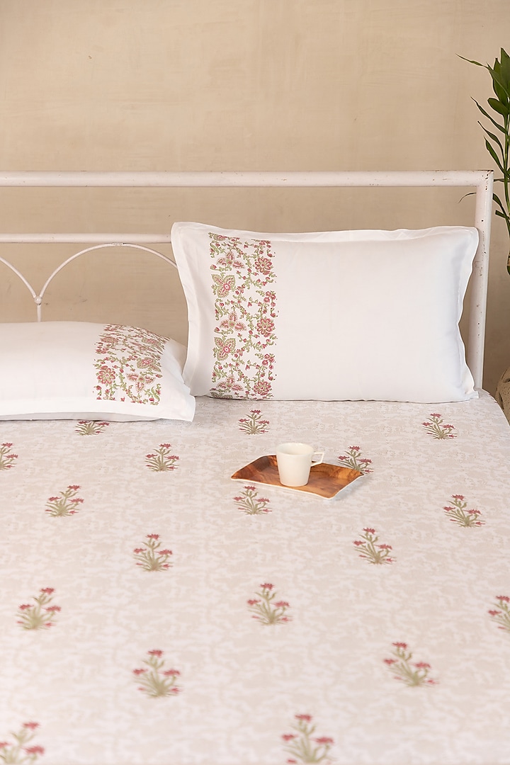 White Cotton Lily Hand Block Printed Bed Sheet Set Of 2 by ADYA