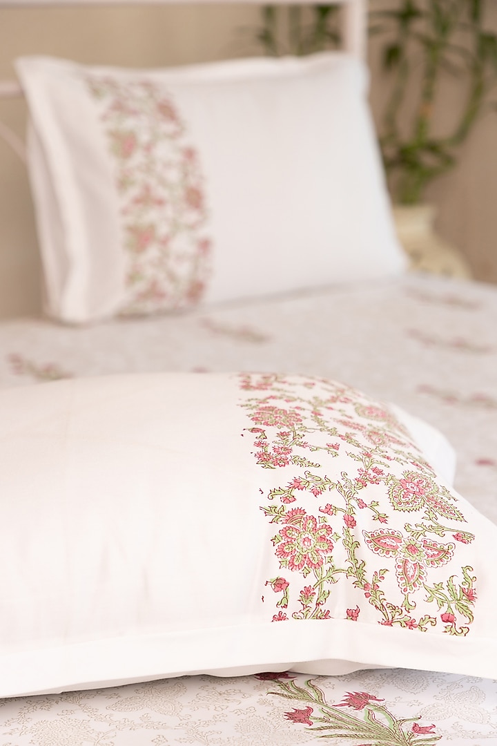 White Cotton Lily Hand Block Printed Bed Sheet Set Of 2 by ADYA at Pernia's Pop Up Shop