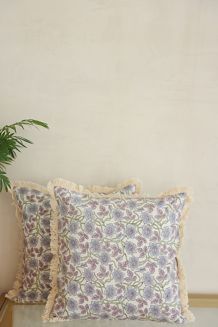 White Cotton Dahlia Droplet Hand Block Printed Cushion Covers (Set Of 2) by ADYA