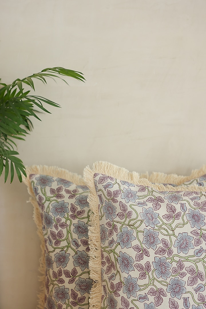 White Cotton Dahlia Droplet Hand Block Printed Cushion Covers (Set Of 2) by ADYA at Pernia's Pop Up Shop