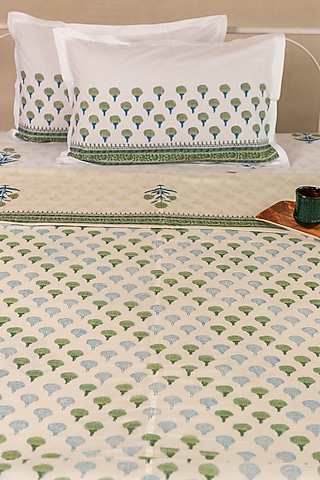 Mint & Mystic Blue Muslin Cotton Marigold Hand Block Printed Dohar by ADYA