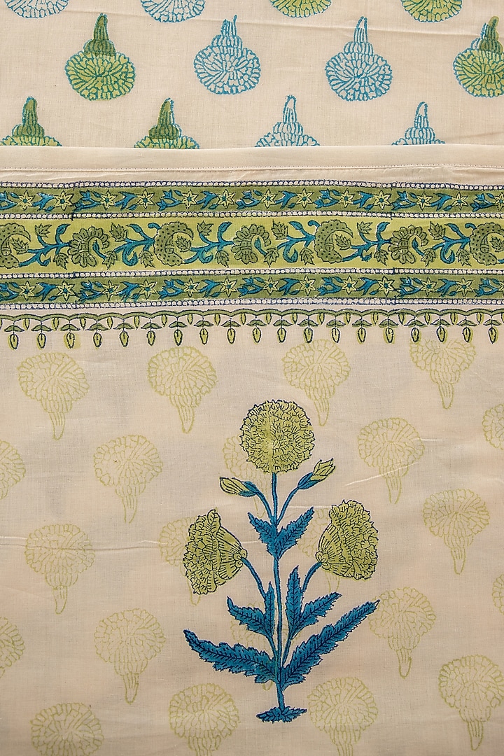 Mint & Mystic Blue Muslin Cotton Marigold Hand Block Printed Dohar by ADYA at Pernia's Pop Up Shop