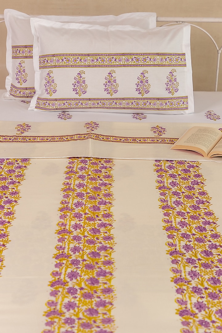 Beige Muslin Cotton Floral Hand Block Printed Dohar (Set of 2) by ADYA