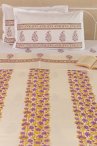 Beige Muslin Cotton Floral Hand Block Printed Dohar (Set of 2) by ADYA