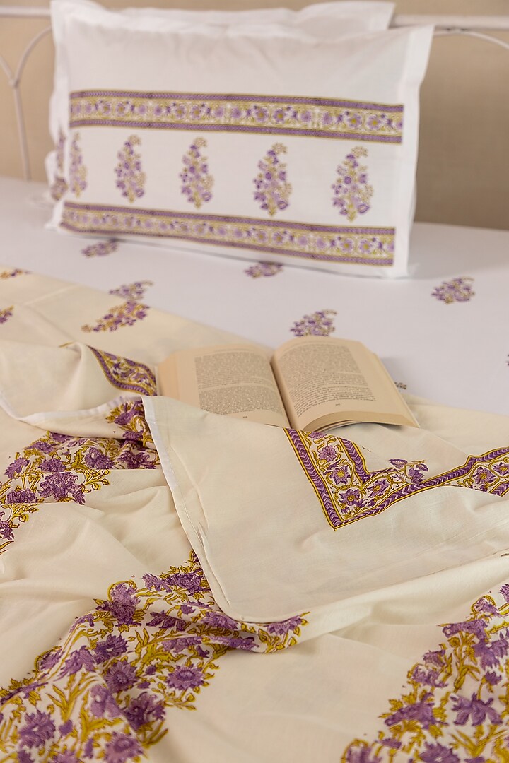Beige Muslin Cotton Floral Hand Block Printed Dohar (Set of 2) by ADYA at Pernia's Pop Up Shop