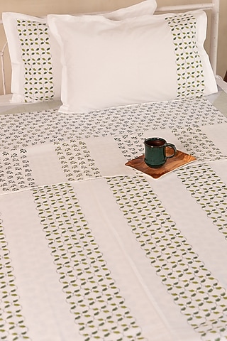 White Muslin Cotton Tropicana Hand Block Printed Double-Sided Dohar by ADYA