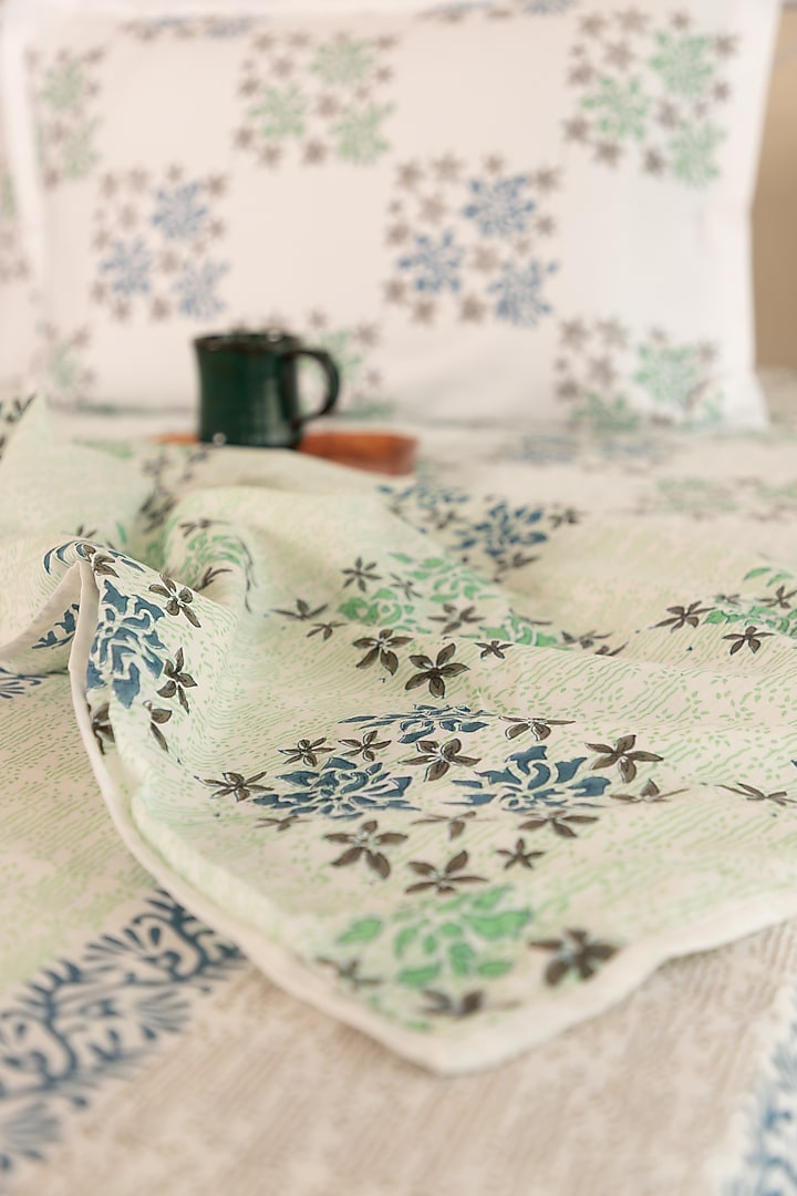 White Muslin Cotton Bougainvillea Hand Block Printed Double-Sided Dohar by ADYA at Pernia's Pop Up Shop