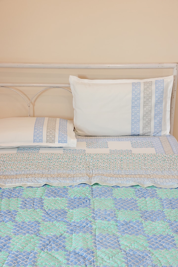 Blue & Green Muslin Cotton Hand Block Printed Handcrafted Quilt by ADYA