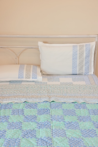 Blue & Green Muslin Cotton Hand Block Printed Handcrafted Quilt by ADYA