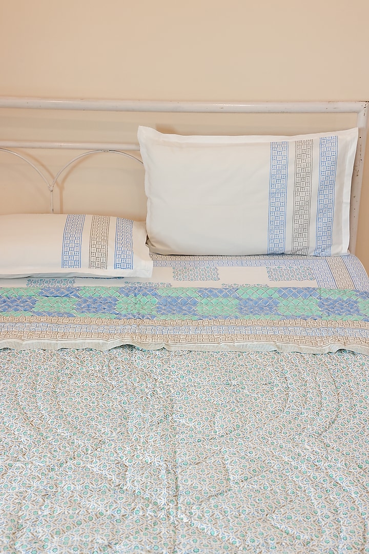Blue & Green Muslin Cotton Hand Block Printed Handcrafted Quilt by ADYA at Pernia's Pop Up Shop