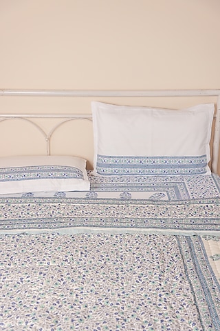 White Muslin Cotton Hand Block Printed Handcrafted Quilt by ADYA