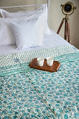 White Muslin Cotton Floral Hand Block Printed Handcrafted Quilt by ADYA