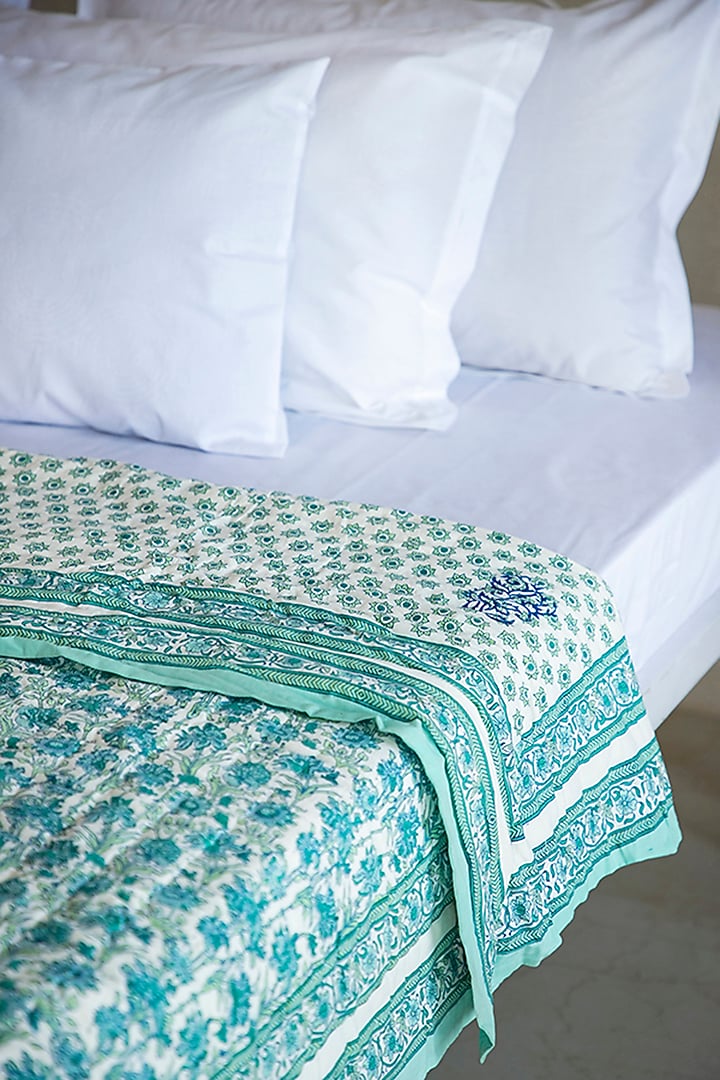 White Muslin Cotton Floral Hand Block Printed Handcrafted Quilt by ADYA at Pernia's Pop Up Shop