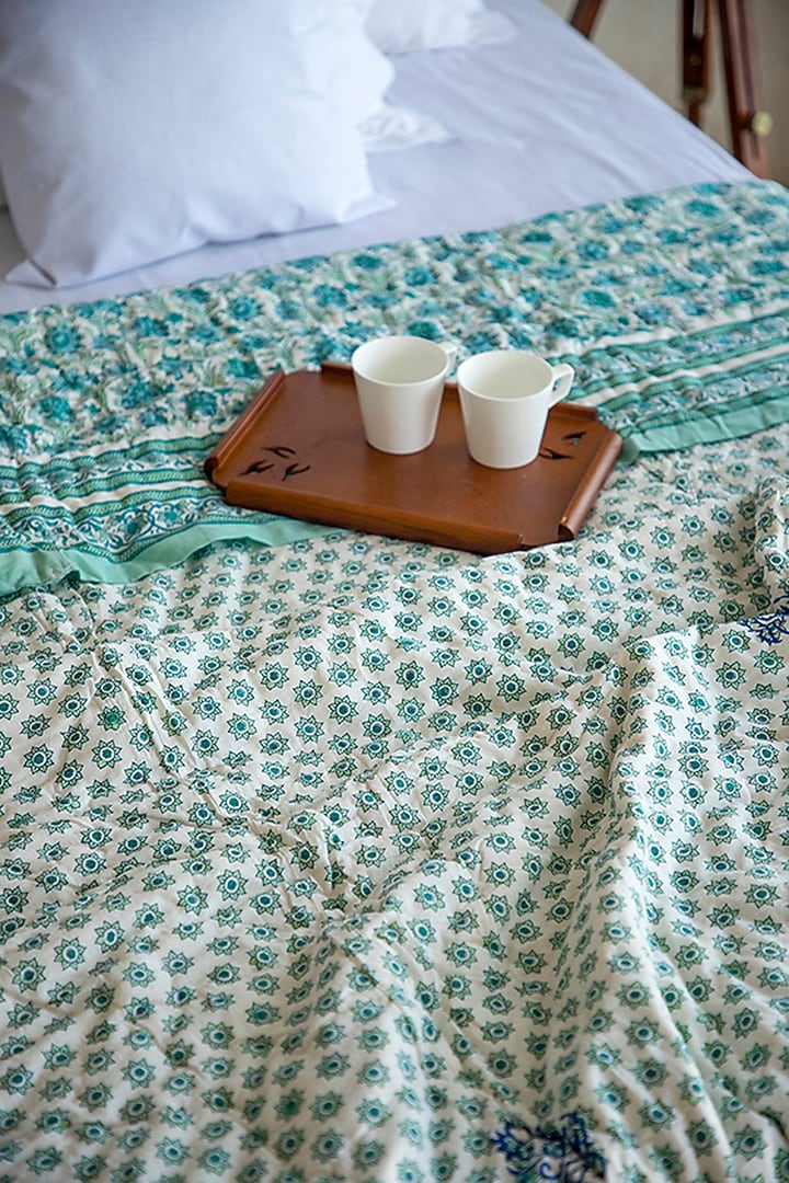 White Muslin Cotton Floral Hand Block Printed Handcrafted Quilt by ADYA at Pernia's Pop Up Shop