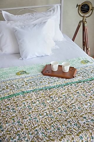 White Muslin Cotton Lotus Hand Block Printed Handcrafted Quilt by ADYA