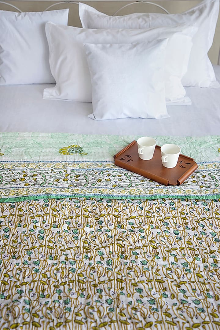 White Muslin Cotton Lotus Hand Block Printed Handcrafted Quilt by ADYA at Pernia's Pop Up Shop