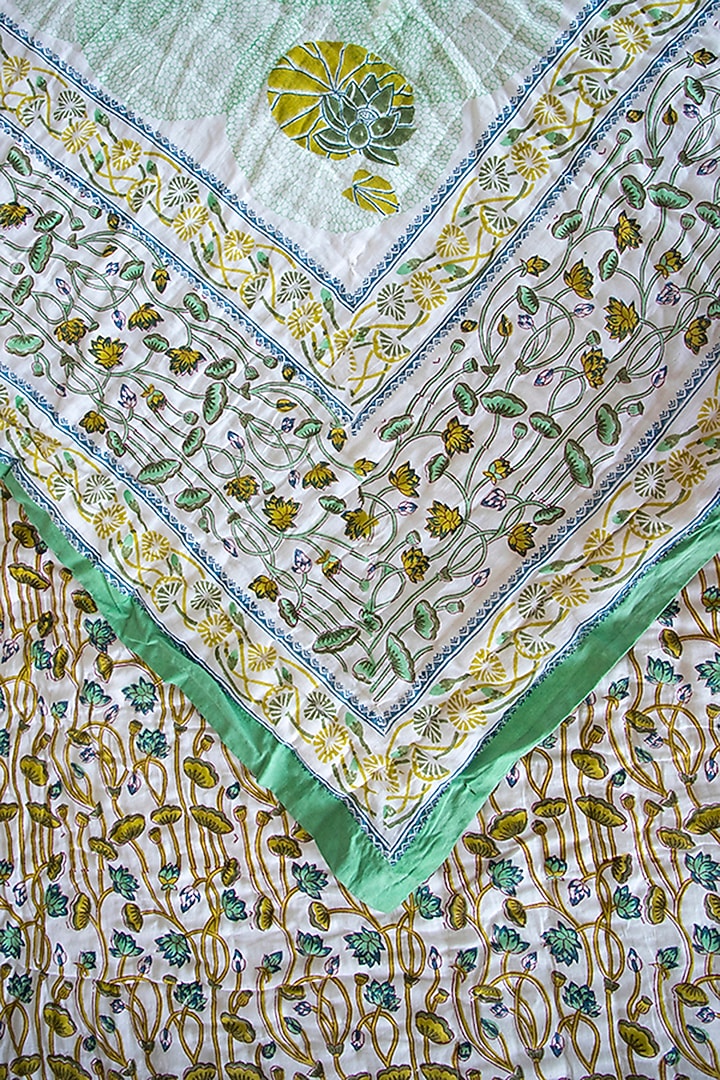 White Muslin Cotton Lotus Hand Block Printed Handcrafted Quilt by ADYA at Pernia's Pop Up Shop