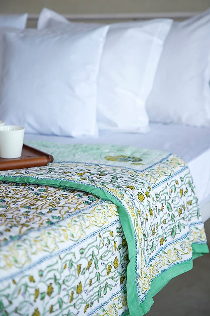 White Muslin Cotton Lotus Hand Block Printed Handcrafted Quilt by ADYA at Pernia's Pop Up Shop