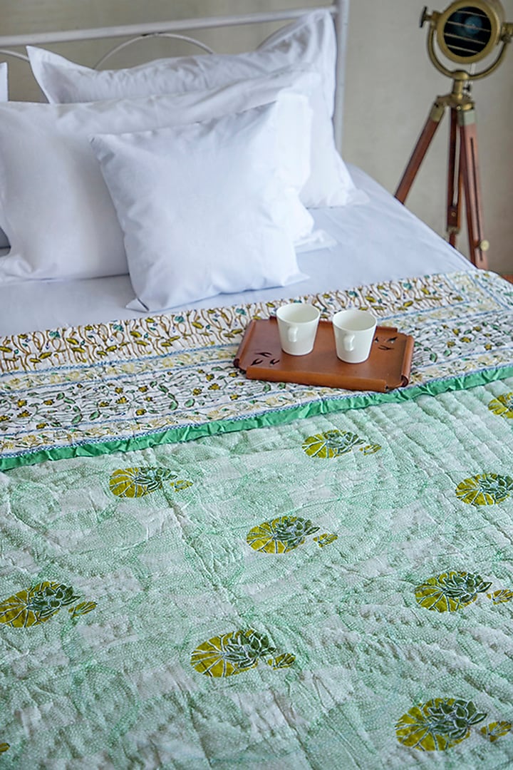 White Muslin Cotton Lotus Hand Block Printed Handcrafted Quilt by ADYA at Pernia's Pop Up Shop