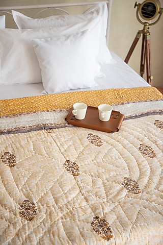 White Muslin Cotton Floral Hand Block Printed Handcrafted Quilt by ADYA