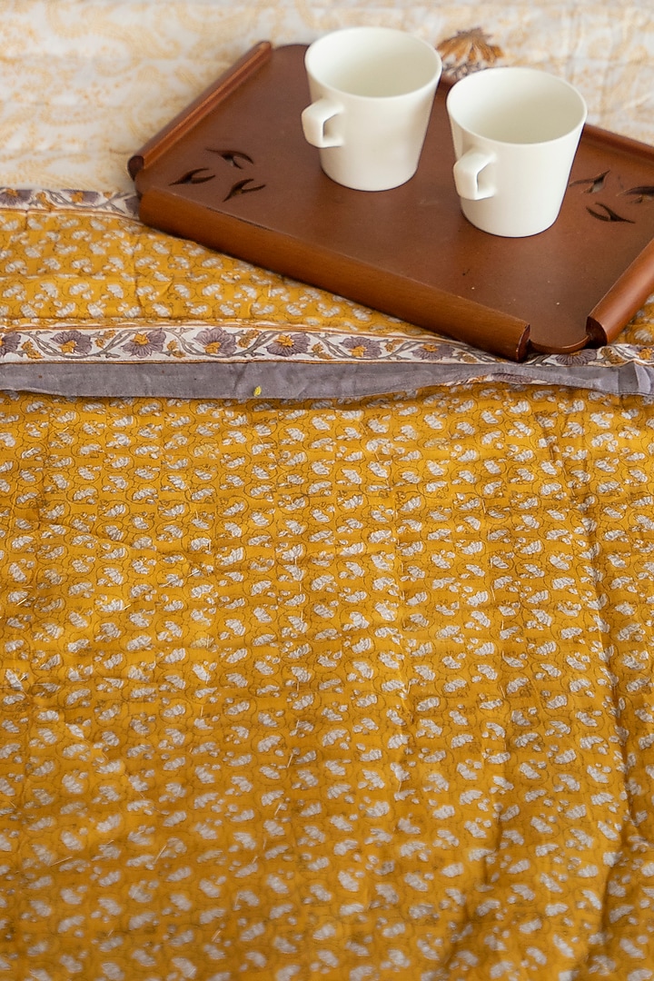 White Muslin Cotton Floral Hand Block Printed Handcrafted Quilt by ADYA at Pernia's Pop Up Shop