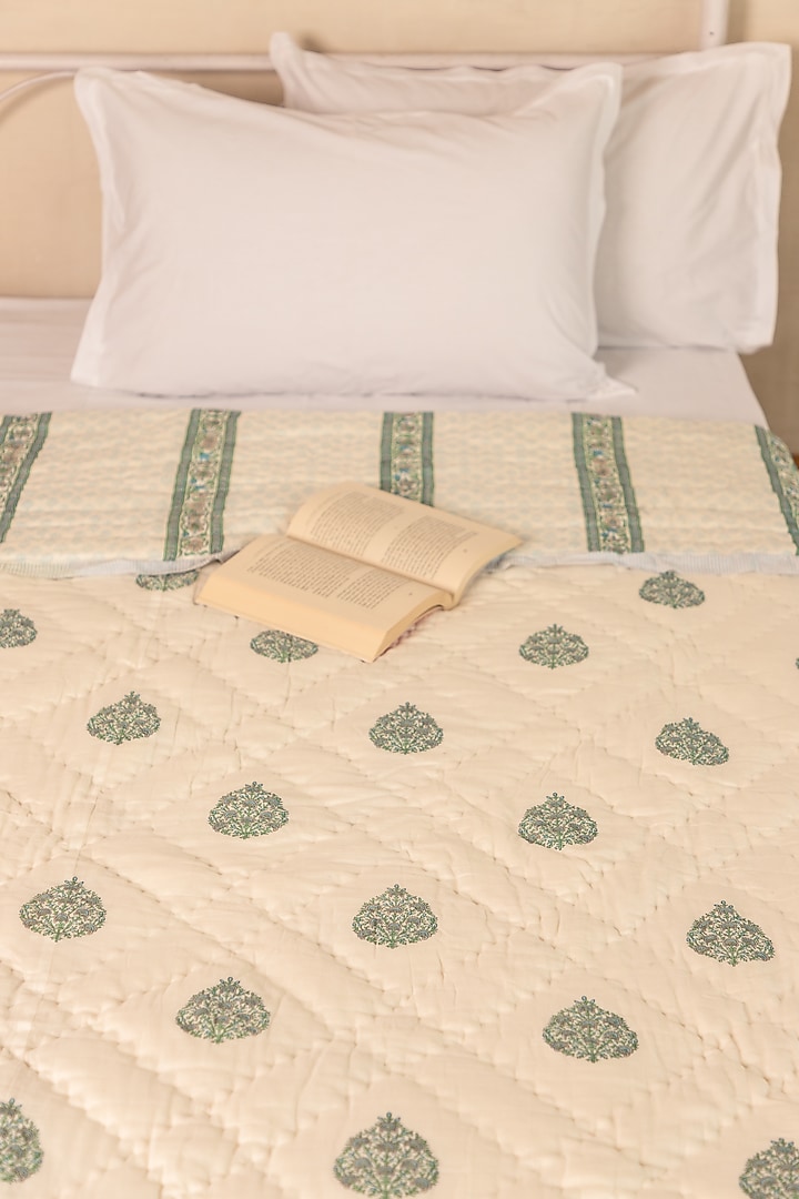 White Muslin Cotton Boota Hand Block Printed Handcrafted Quilt by ADYA