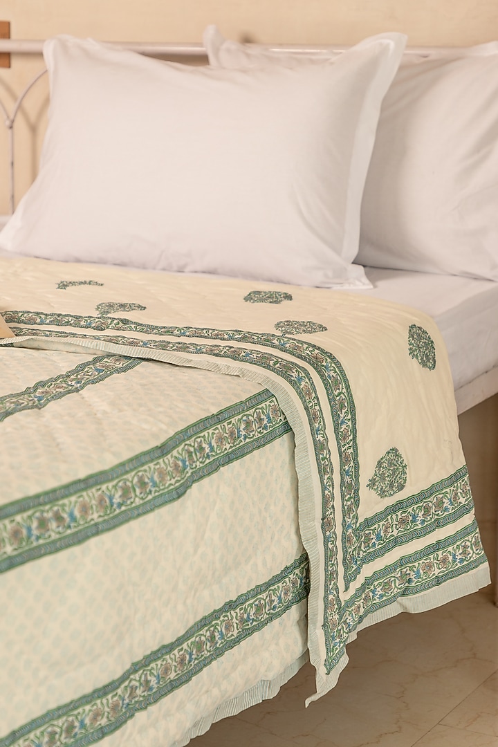 White Muslin Cotton Boota Hand Block Printed Handcrafted Quilt by ADYA at Pernia's Pop Up Shop