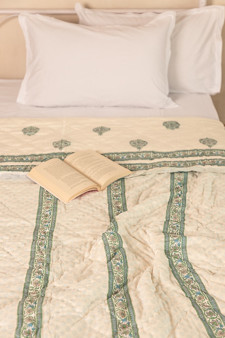 White Muslin Cotton Boota Hand Block Printed Handcrafted Quilt by ADYA at Pernia's Pop Up Shop