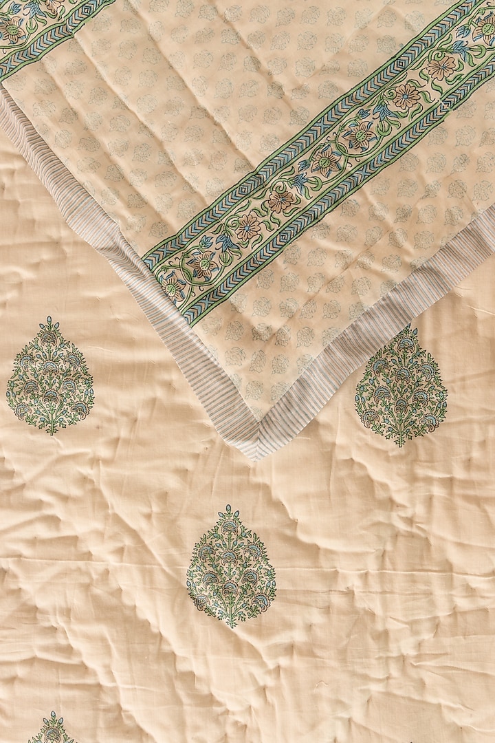White Muslin Cotton Boota Hand Block Printed Handcrafted Quilt by ADYA at Pernia's Pop Up Shop