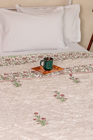 White Muslin Cotton Floral Hand Block Printed Handcrafted Quilt by ADYA