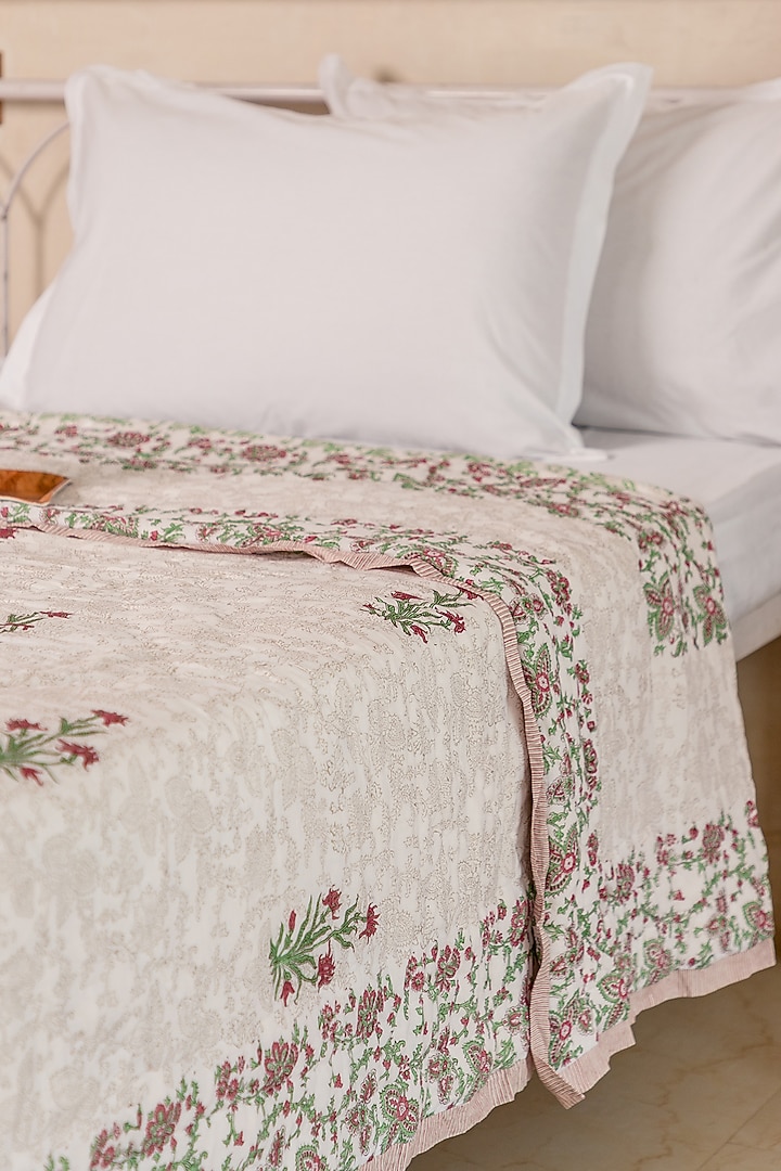 White Muslin Cotton Floral Hand Block Printed Handcrafted Quilt by ADYA at Pernia's Pop Up Shop
