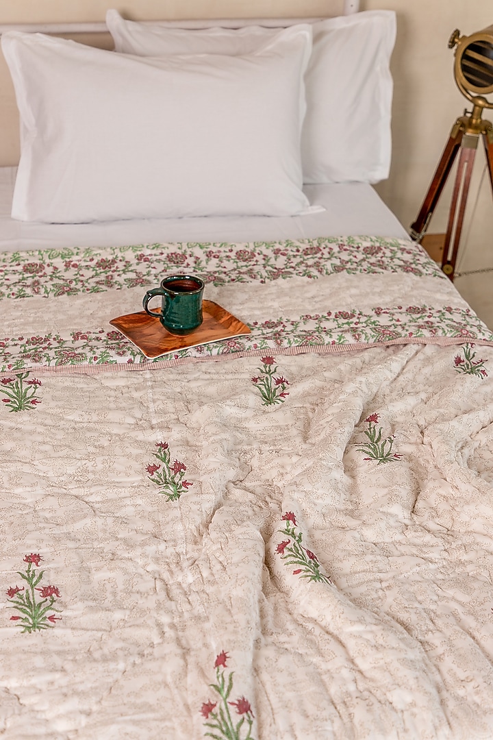 White Muslin Cotton Floral Hand Block Printed Handcrafted Quilt by ADYA at Pernia's Pop Up Shop