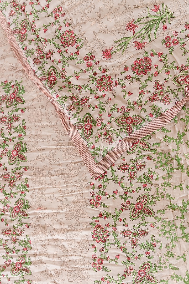 White Muslin Cotton Floral Hand Block Printed Handcrafted Quilt by ADYA at Pernia's Pop Up Shop