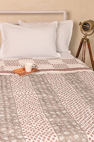 White Muslin Cotton Monochromatic Hand Block Printed Handcrafted Quilt by ADYA