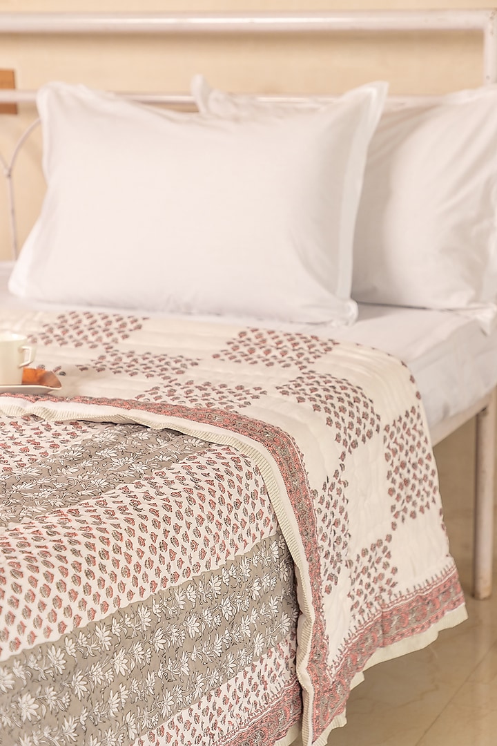 White Muslin Cotton Monochromatic Hand Block Printed Handcrafted Quilt by ADYA at Pernia's Pop Up Shop