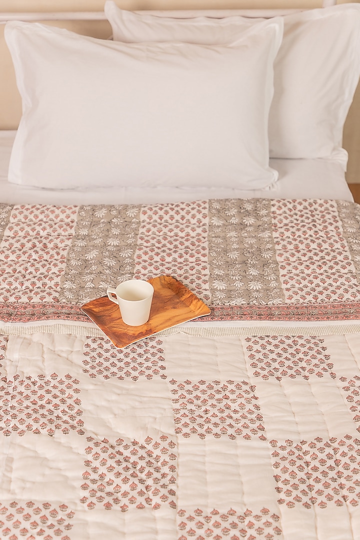 White Muslin Cotton Monochromatic Hand Block Printed Handcrafted Quilt by ADYA at Pernia's Pop Up Shop