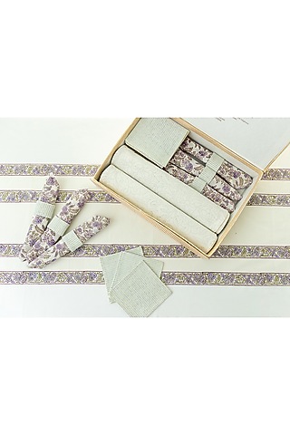 White Canvas Cotton Floral Hand Block Printed Table Set of 25 by ADYA