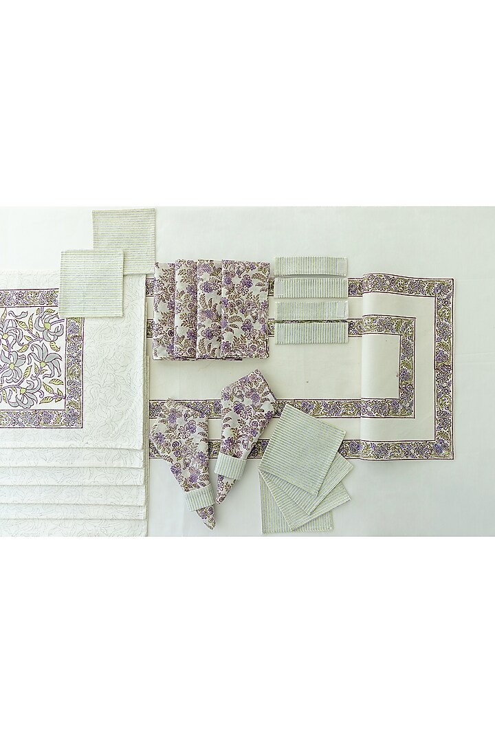 White Canvas Cotton Floral Hand Block Printed Table Set of 25 by ADYA at Pernia's Pop Up Shop