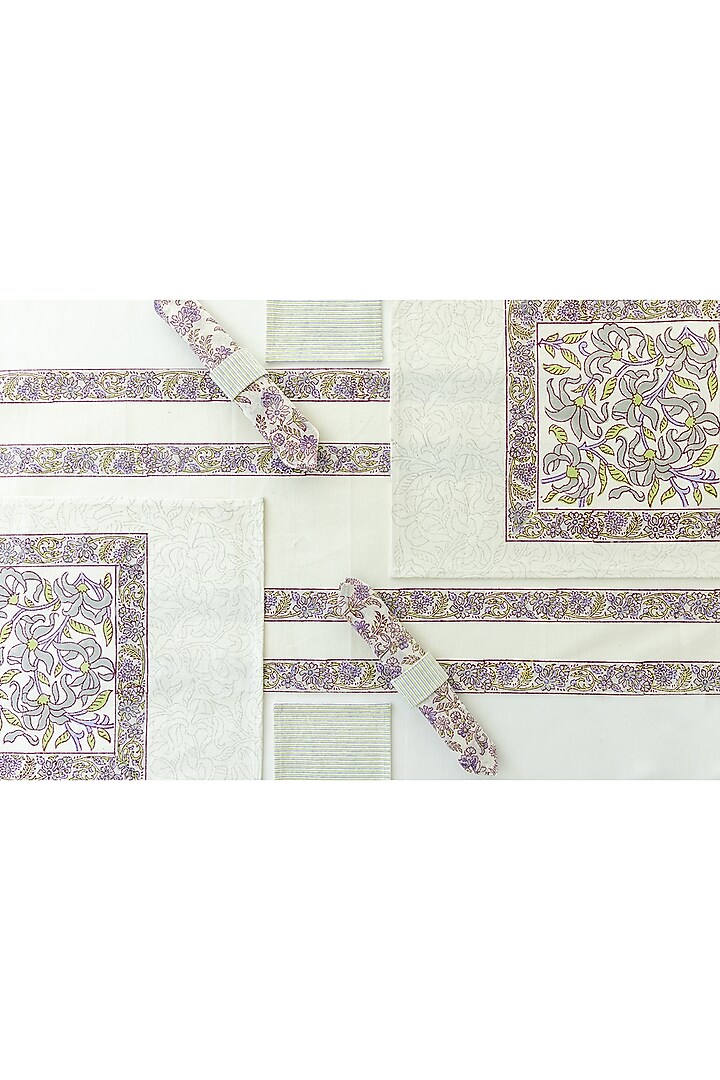 White Canvas Cotton Floral Hand Block Printed Table Set of 25 by ADYA at Pernia's Pop Up Shop