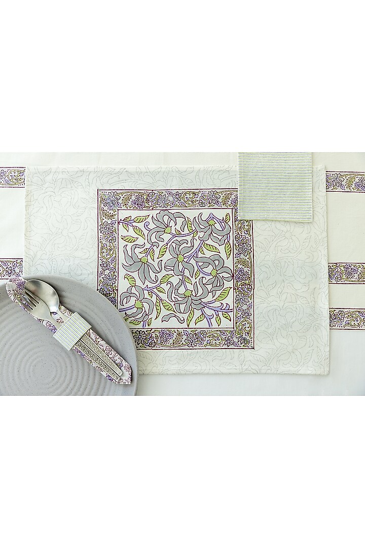 White Canvas Cotton Floral Hand Block Printed Table Set of 25 by ADYA at Pernia's Pop Up Shop