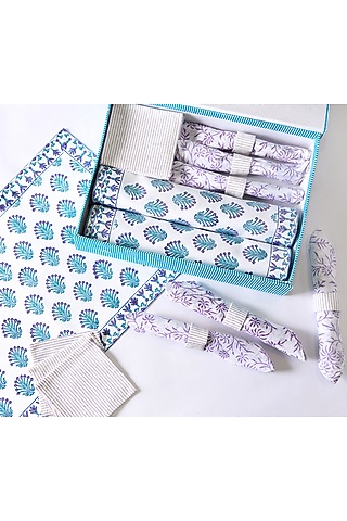 White Canvas Cotton Floral Hand Block Printed Table Mat Set of 25 by ADYA