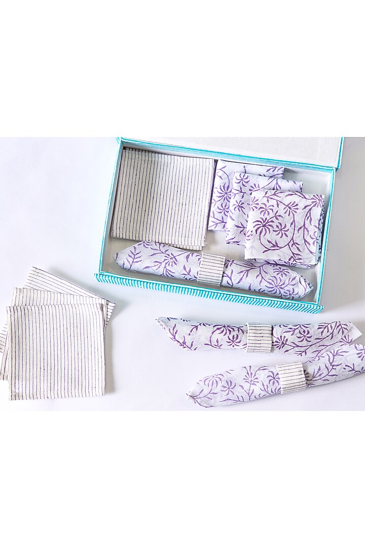White Canvas Cotton Floral Hand Block Printed Table Mat Set of 25 by ADYA at Pernia's Pop Up Shop